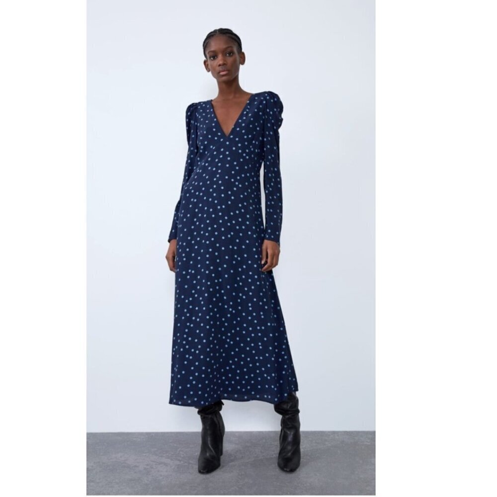 Zara Puff Shoulder Polka Dot Midi Maxi Dress Blue Size Large - Picture 5 of 10